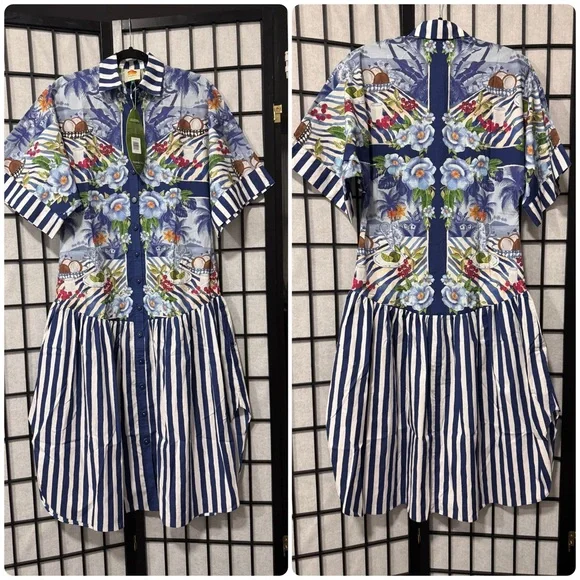 Farm Rio size XS Fresh Table Scarf Midi Dress Blue NWT No Belt - Picture 3 of 12